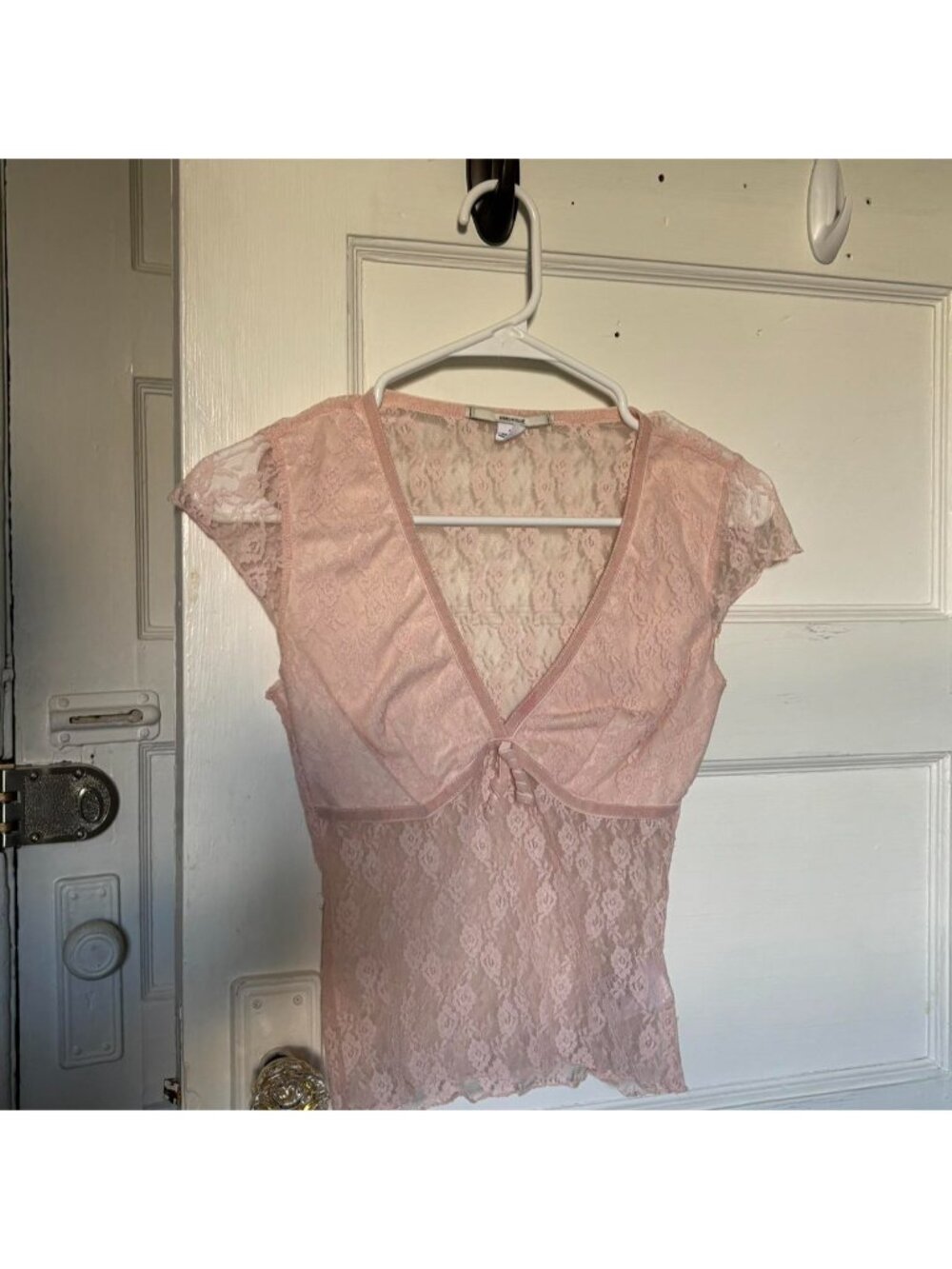 pink lace top with tie detail. Size S #lace #feminine small stain shown